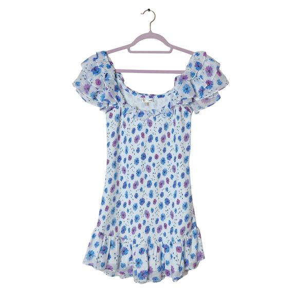 LoveShackFancy Smocked Kodie Mini Dress Purple Blue Floral Ruffle Sleeve Small - Picture 4 of 15